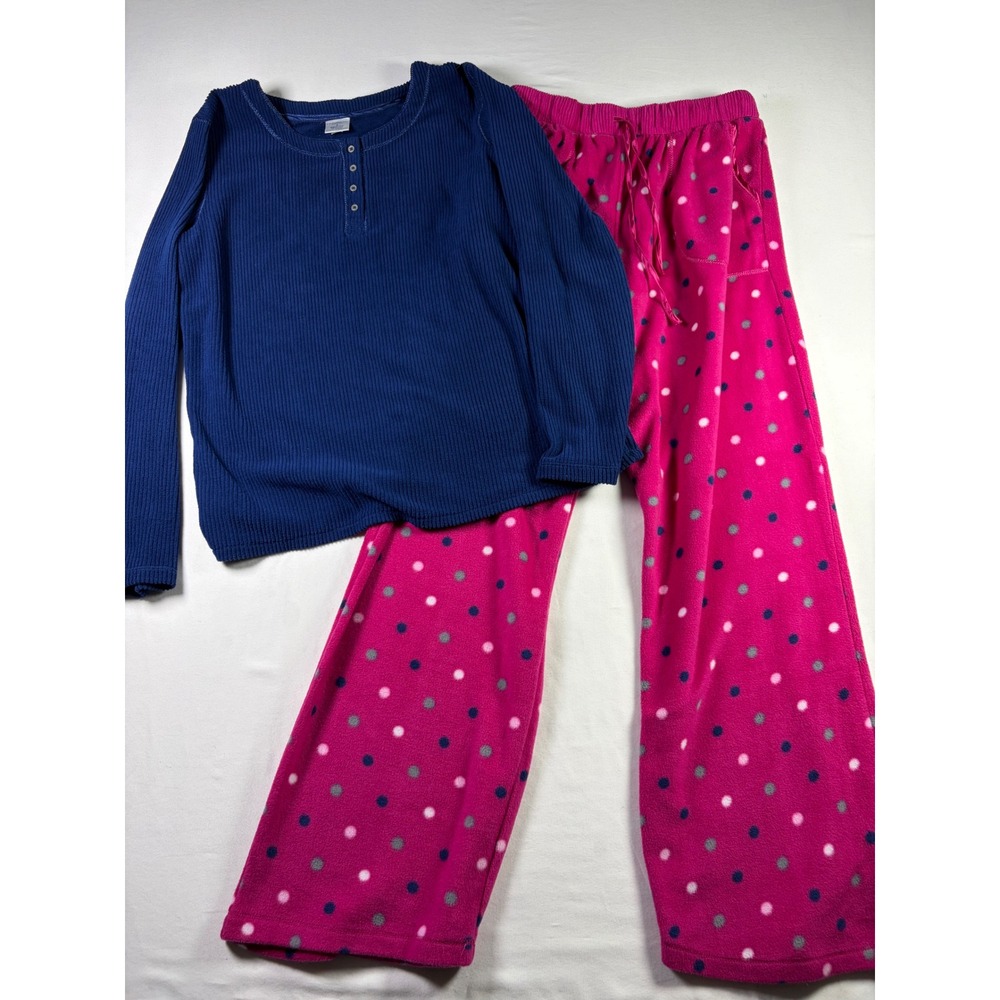 Croft & Barrow Pajama Set Waffle Henley Fleece Polka Dot Blue Pink Women Small